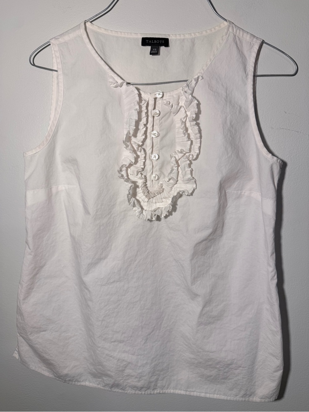 Talbots White Ruffle Partial Button-Front Sleeveless Cotton Top